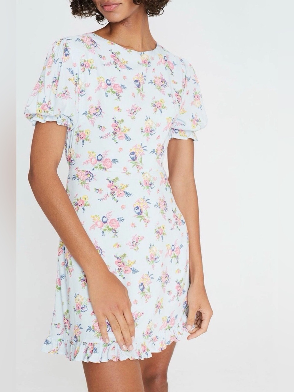 Faithfull The Brand Florence Mini Dress M /US 6 Blue Juliette Floral Puff Sleeve